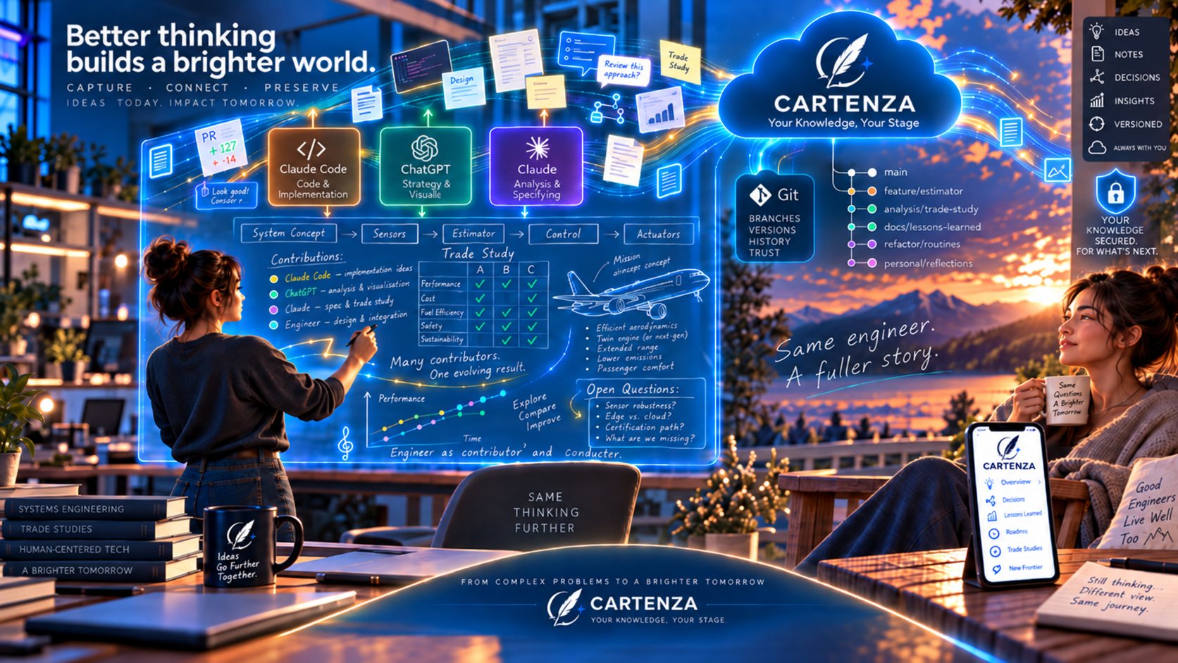 An engineer at a glass board, sketching a system concept while Claude Code, ChatGPT and Claude each contribute alongside her — a trade study, open questions and a performance curve taking shape together. To the right, the same work is committed to Git branches, and a second engineer reads it back on her phone from a porch at sunset. Captioned: Your Knowledge, Your Stage.